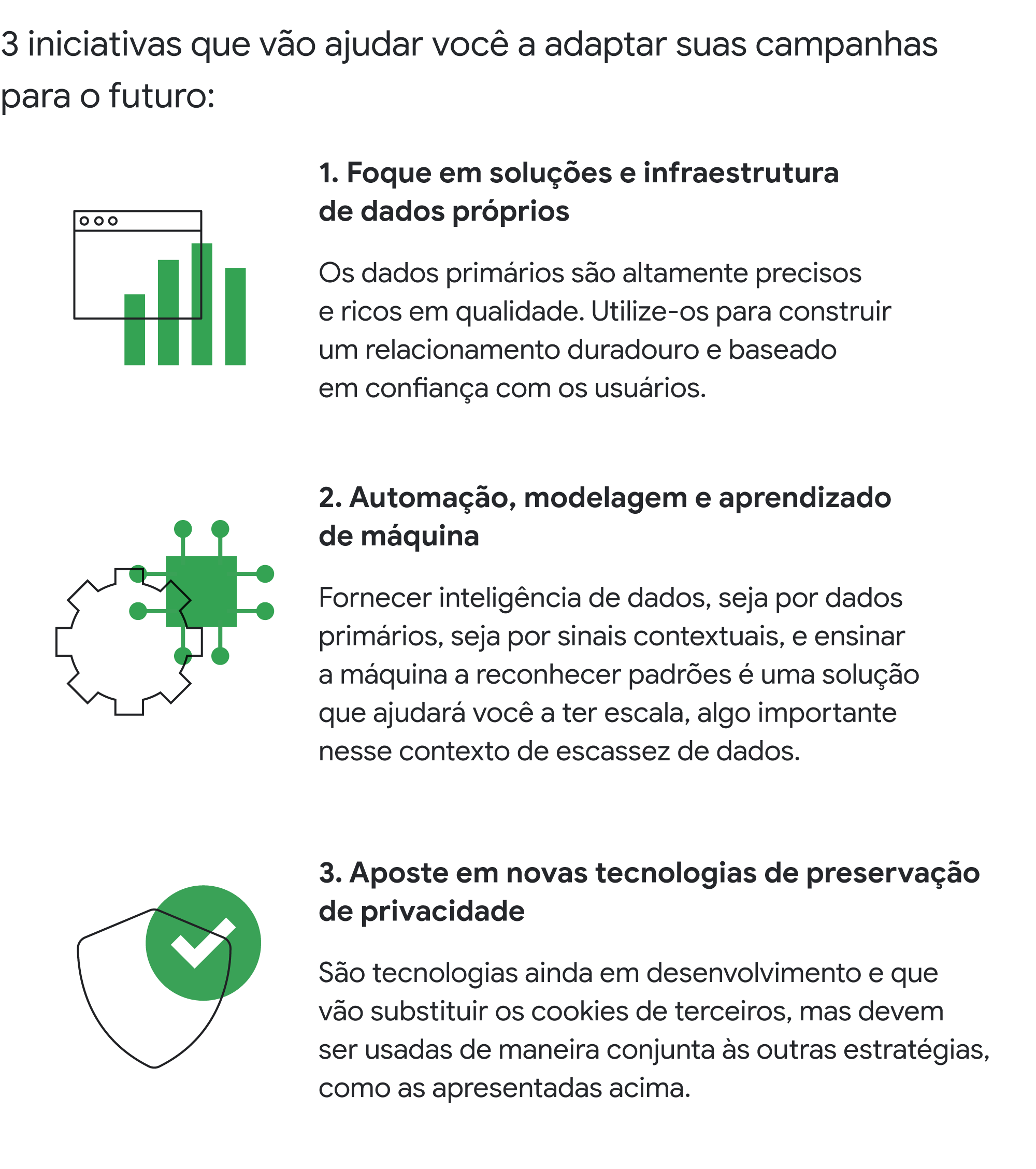 Imagem destacando dicas para adaptar campanhas para o futuro. Os ícones da imagem simbolizam dados, configurações e segurança.