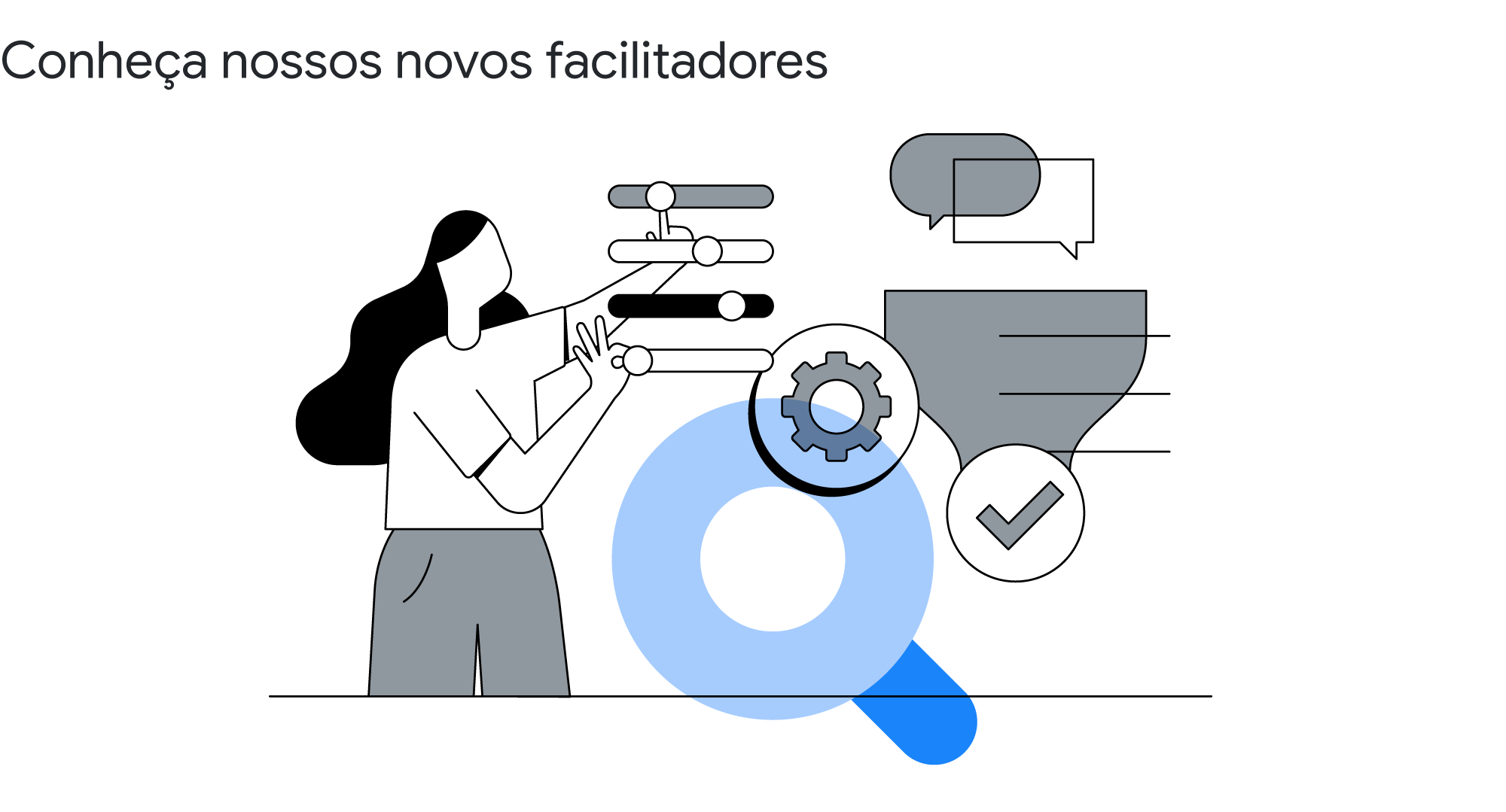 Mulher está sentada administrando barras de gráficos em uma tela menor. Essa imagem está inserida dentro de um vídeo assistido. Ícones de crescimento, de gráfico e de busca em destaque.