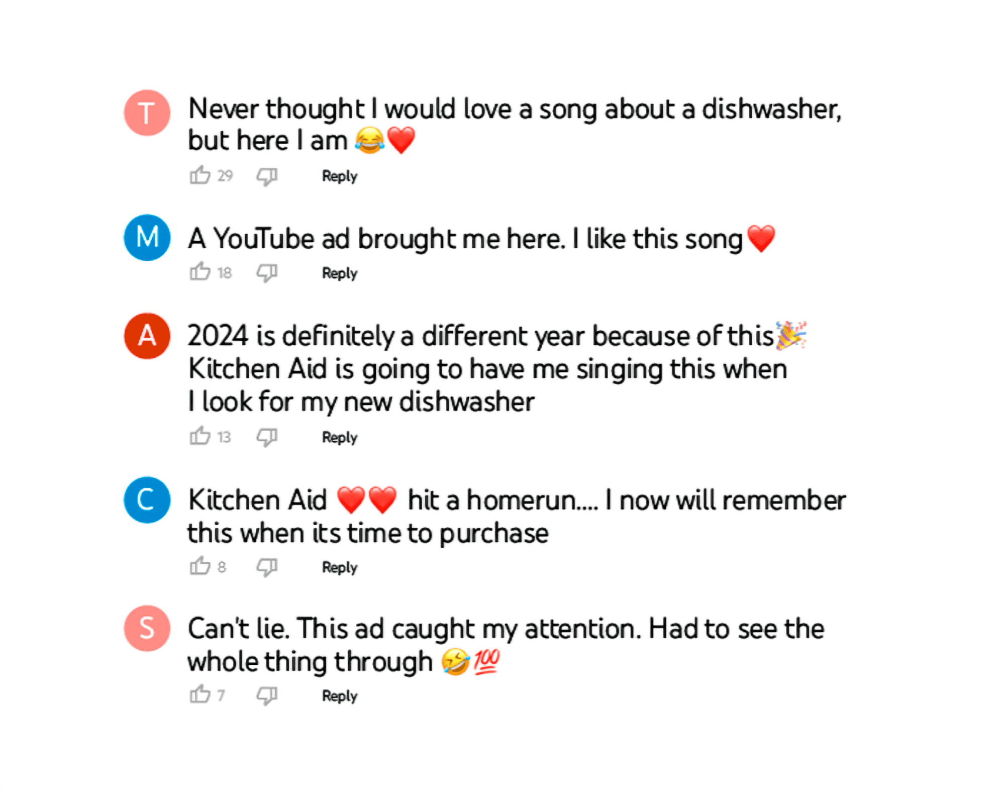 Comments from a Kitchen Aid YouTube video ad: “Never thought I would love a song about a dishwasher but here I am,” “A YouTube ad brought me here. I like this song,” and “Can’t lie. This ad caught my attention. Had to see the whole thing through.”