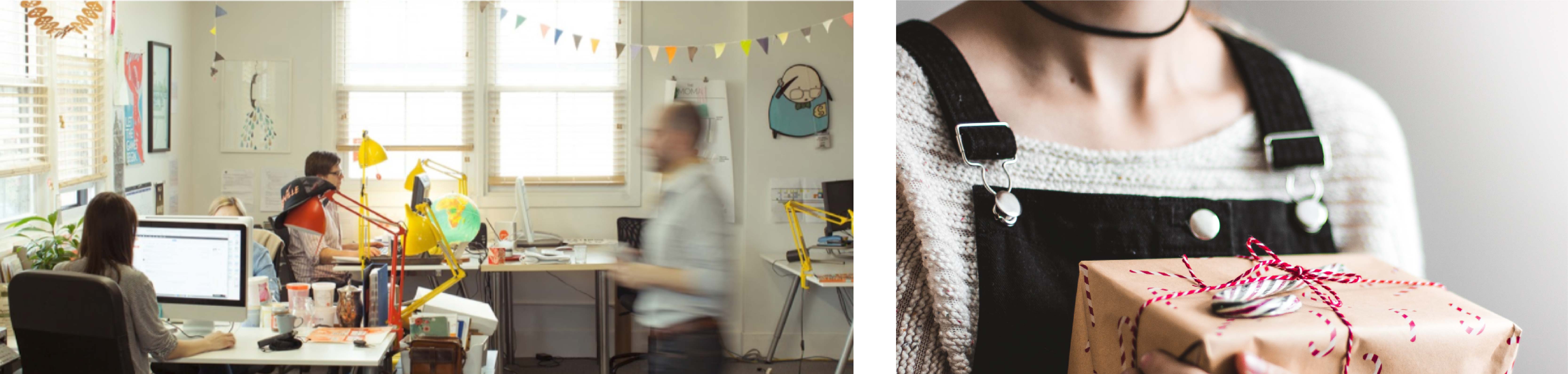 Before: A colour photo of a typical office environment. Several employees are sitting at their desks, looking at computer screens while another walks into the scene in a blur. A colour photo, cropped to show a person holding a parcel wrapped in gift paper
