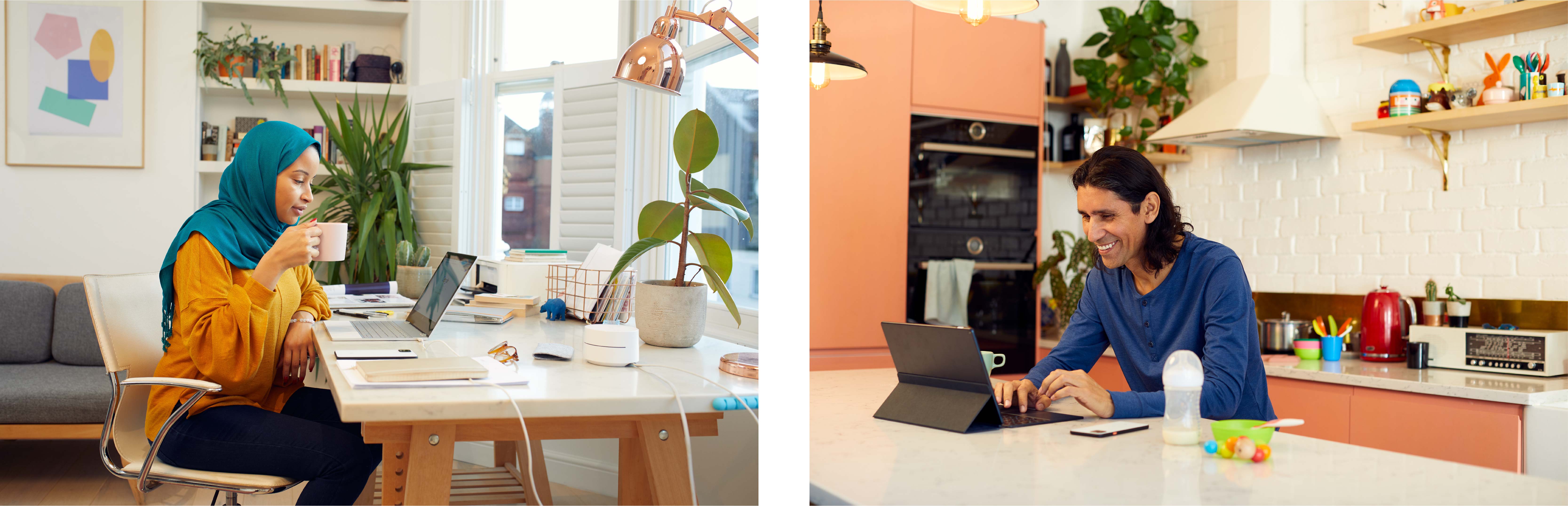 After: A colour photo of a woman in mustard and teal in a home office environment, reading from her laptop and drinking a cup of tea at her desk. A colour photo of a man smiling while reading from his laptop in the kitchen.