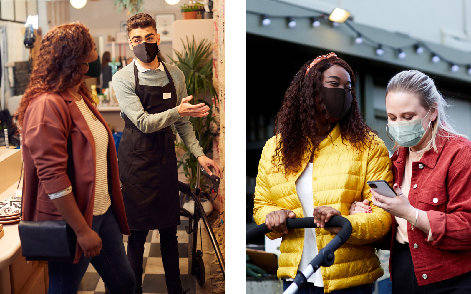 Colour photo of a store environment where a store clerk is gesturing to the right of the shot, in the foreground is a female customer. Both are wearing face masks. Colour photo of two women in face masks outside on the street. One is pushing a pram and sm