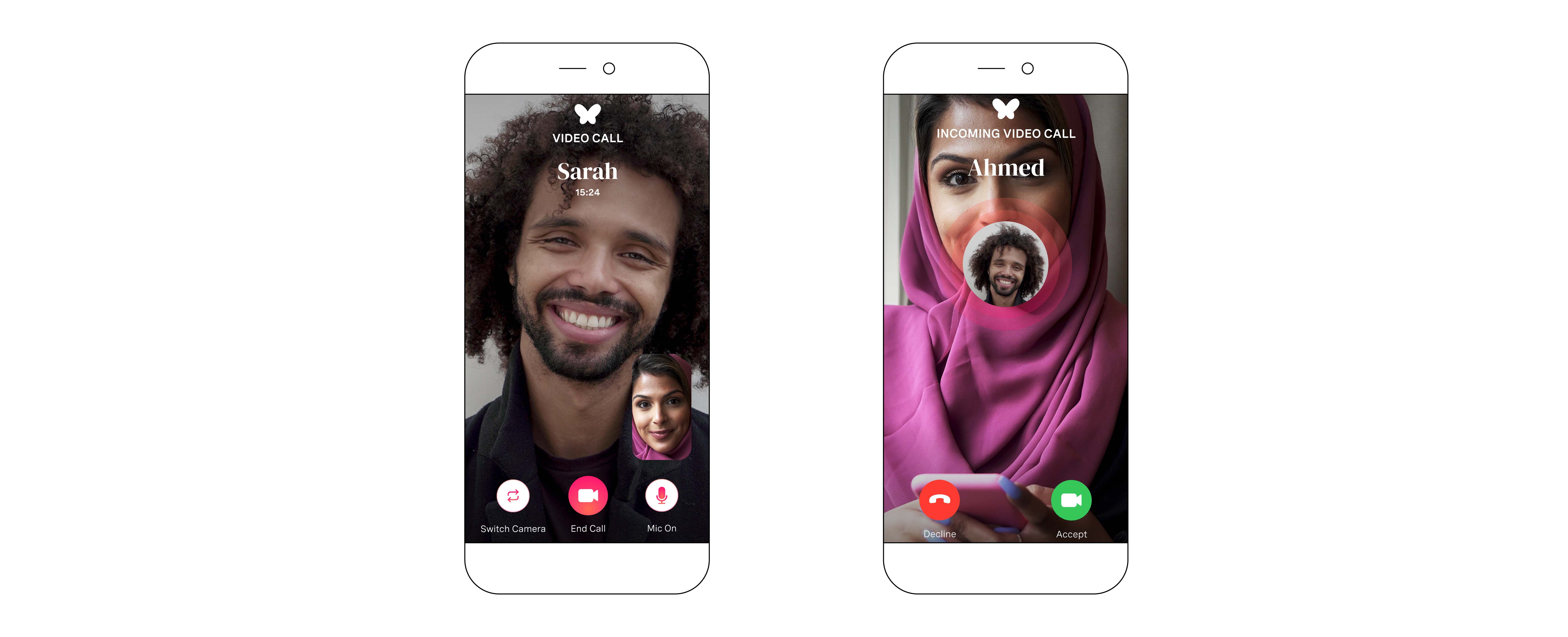 Two smartphones on a white background showing a man and woman using the Muzmatch app to have a video call together. The man shown on one smartphone is smiling. The woman on the other smartphone screen is smiling and wearing a pink hijab.