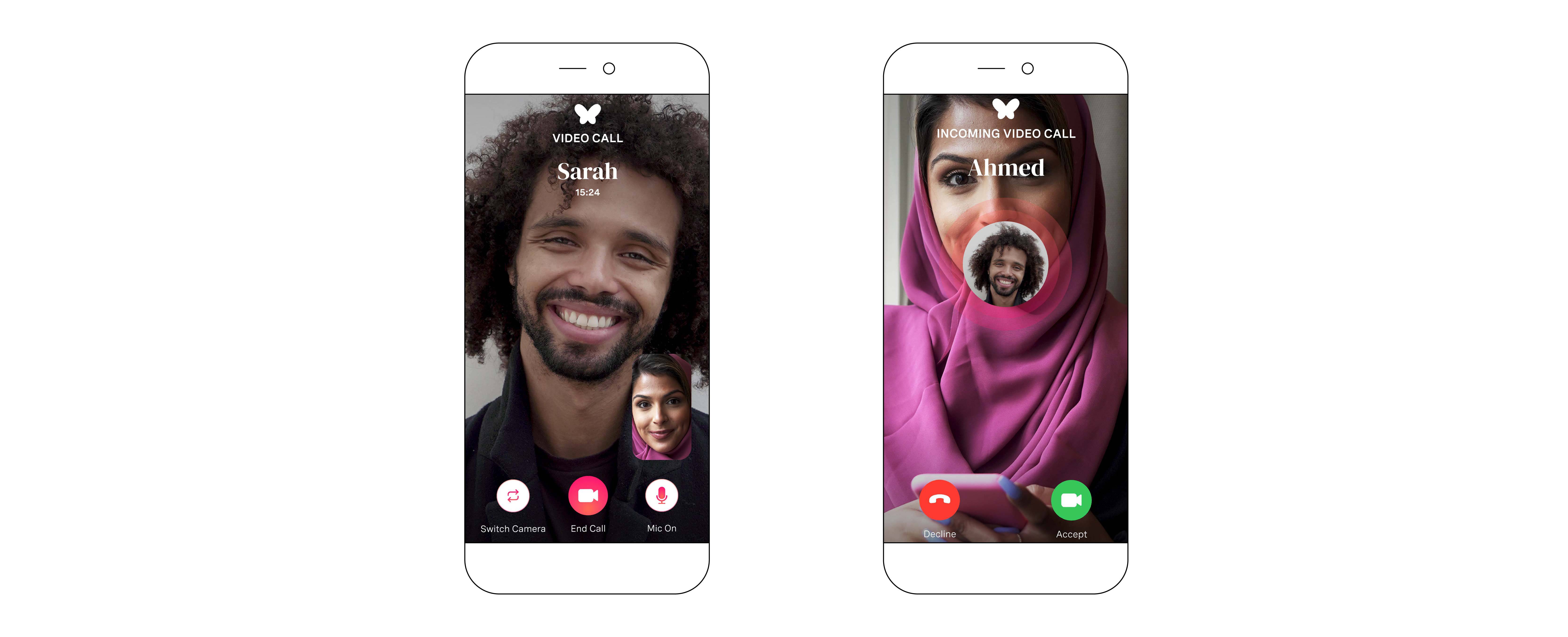 Due smartphone su uno sfondo bianco che mostrano un uomo e una donna mentre utilizzano l'app Muzmatch per fare una videochiamata. L'uomo rappresentato su uno degli smartphone sorride. La donna sullo schermo dell'altro smartphone sorride e indossa un velo
