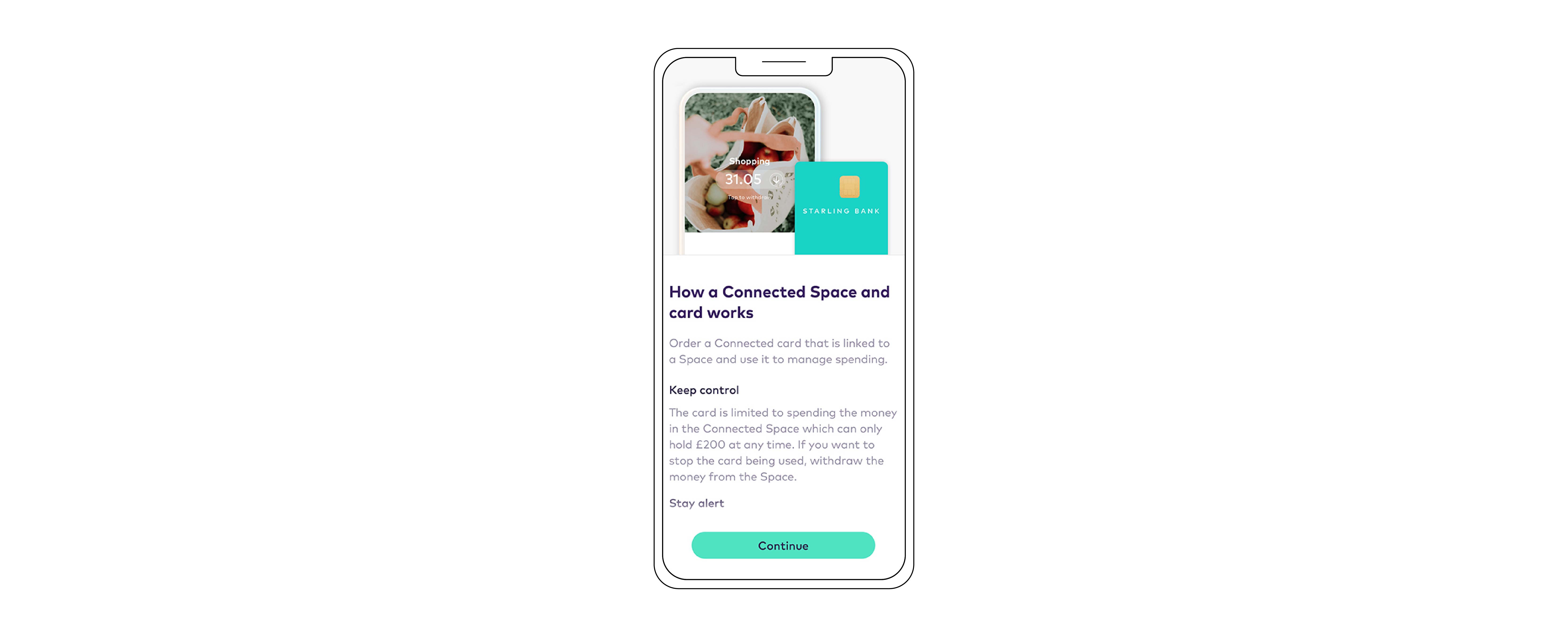 Illustrated smartphone with a screenshot showing text and information about the Starling Bank Connected card, set on a white background.