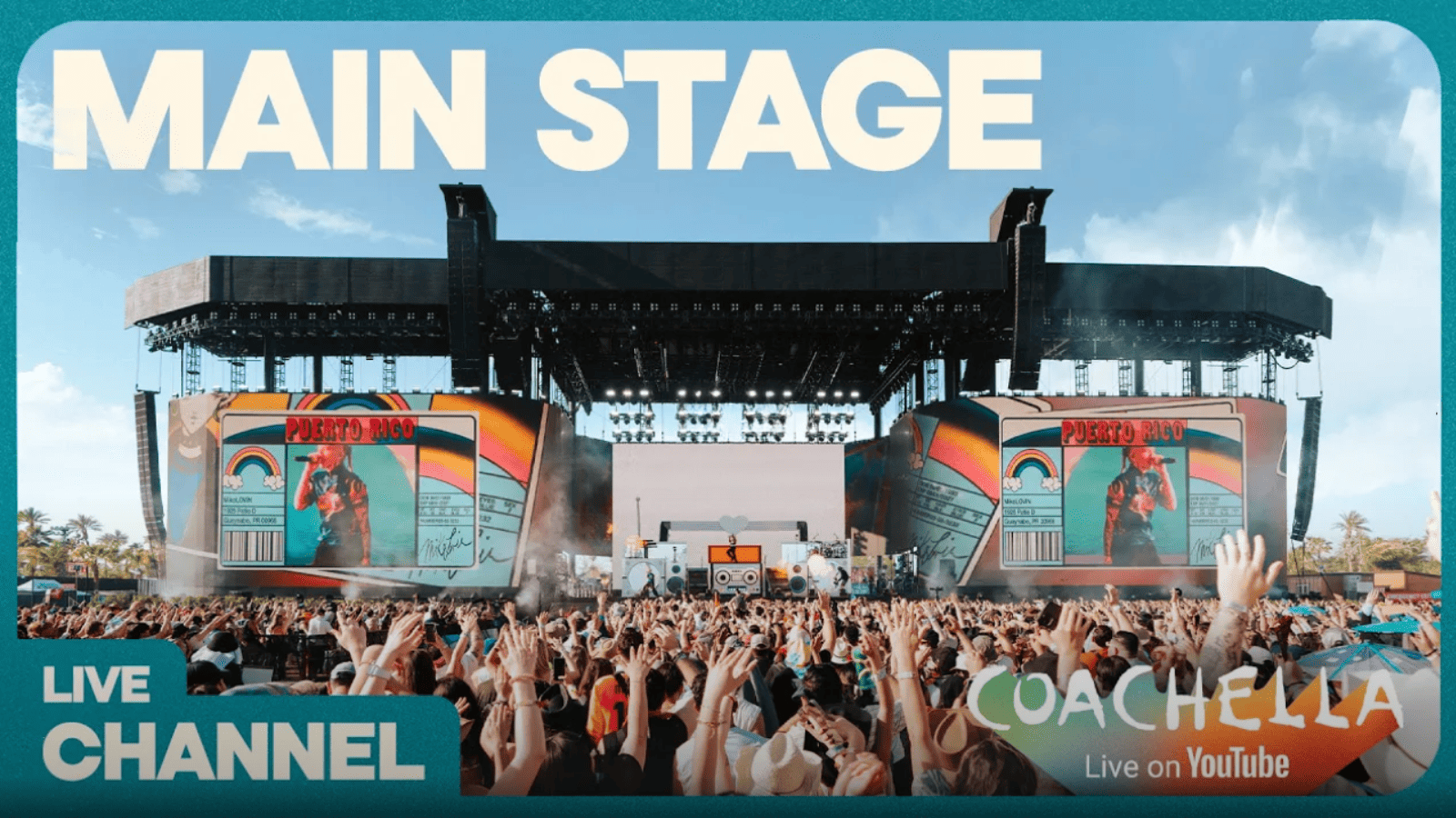 On a sunny day, thousands of fans dance and wave their hands in front of the Main Stage at the Coachella Festival as a band performs. Bold text, “Coachella: Live on YouTube” and “Live Channel,” lets people know they can also watch remotely.