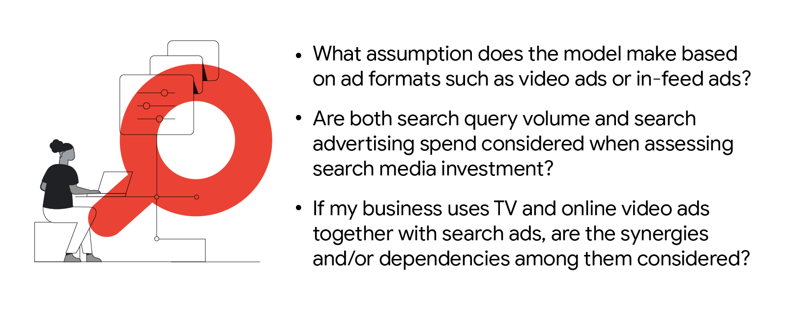 Questions to ask when evaluating MMM suitability: What assumptions does the model make based on ad formats? Are both search query volume & ad spend considered? If multiple ad platforms are used, are the synergies & dependencies among them considered?