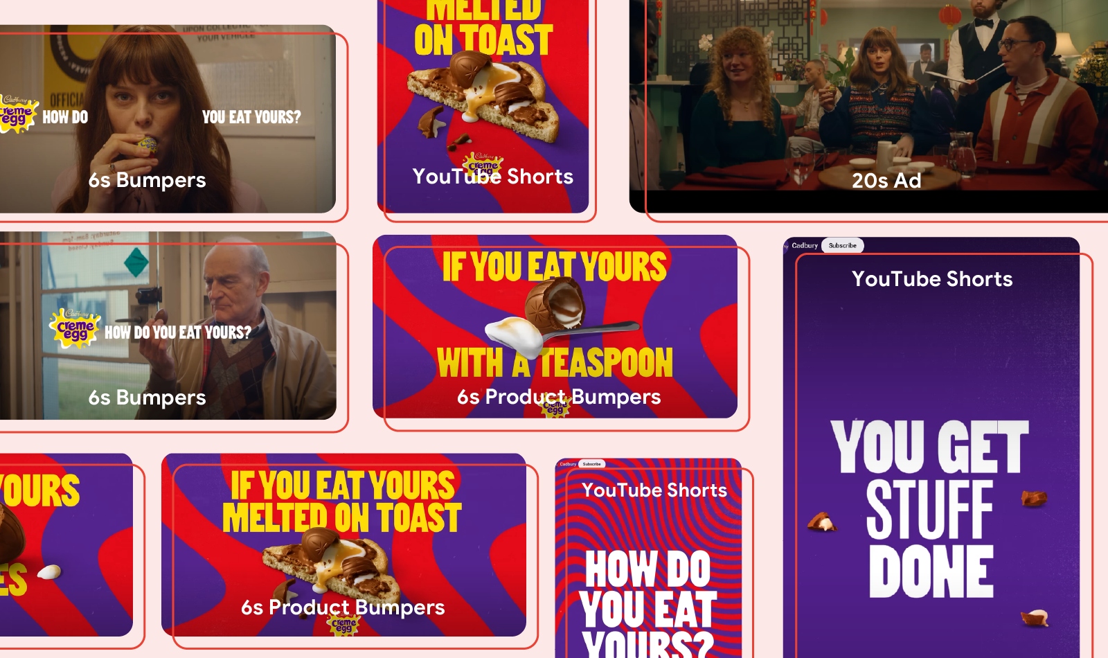 Against a pale red background, an assortment of Creme Egg ads of various formats, sizes, and lengths. The ads have different copy, including: “How do you eat yours?”; “Melted on toast”; “If you eat yours with a teaspoon”; and “You get stuff done”.