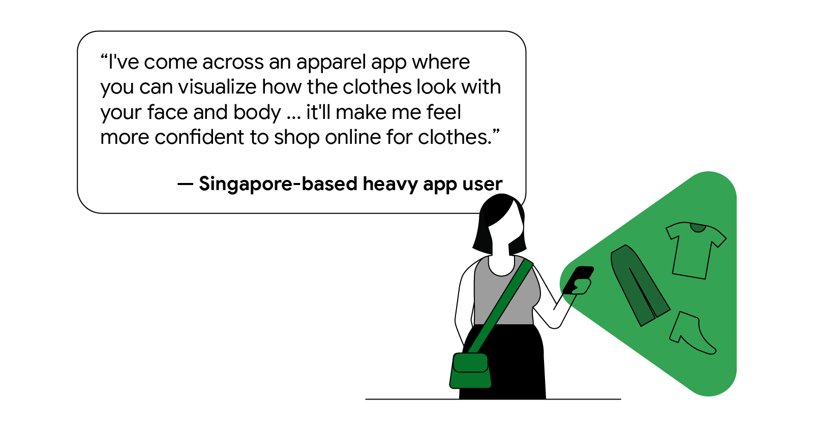 Singapore-based heavy app user said “I’ve come across an apparel app where you can visualize how the clothes look with your face and body. It’ll make me feel more confident to shop online for clothes.”