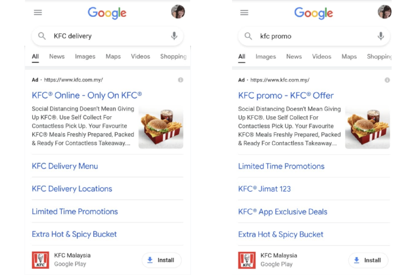 Examples of KFC Malaysia’s search ads that appear on Google for the keywords they targeted in their responsive search ad campaign