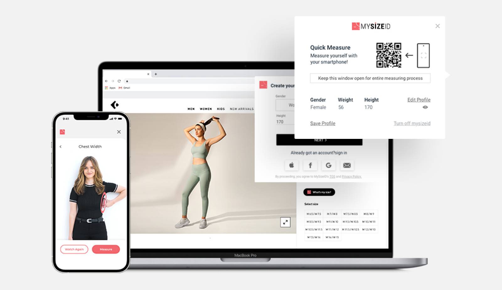 Un cellulare e un laptop in cui si vede MySizeID che fornisce consigli sulle taglie a una utente donna in base alle informazioni su peso e altezza che lei ha inserito.