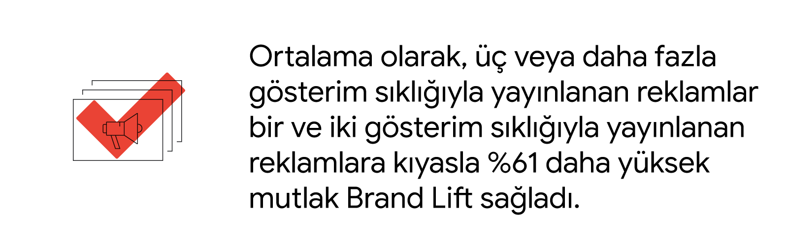 Üst üste yerleştirilmiş üç video reklam kampanyası görseli ve bunların üzerinde görünen kırmızı onay işaretinden oluşan resim. İlgili bir istatistik şöyle söylüyor: "Ortalama olarak, üç veya daha fazla gösterim sıklığıyla yayınlanan reklamlar bir ve iki g