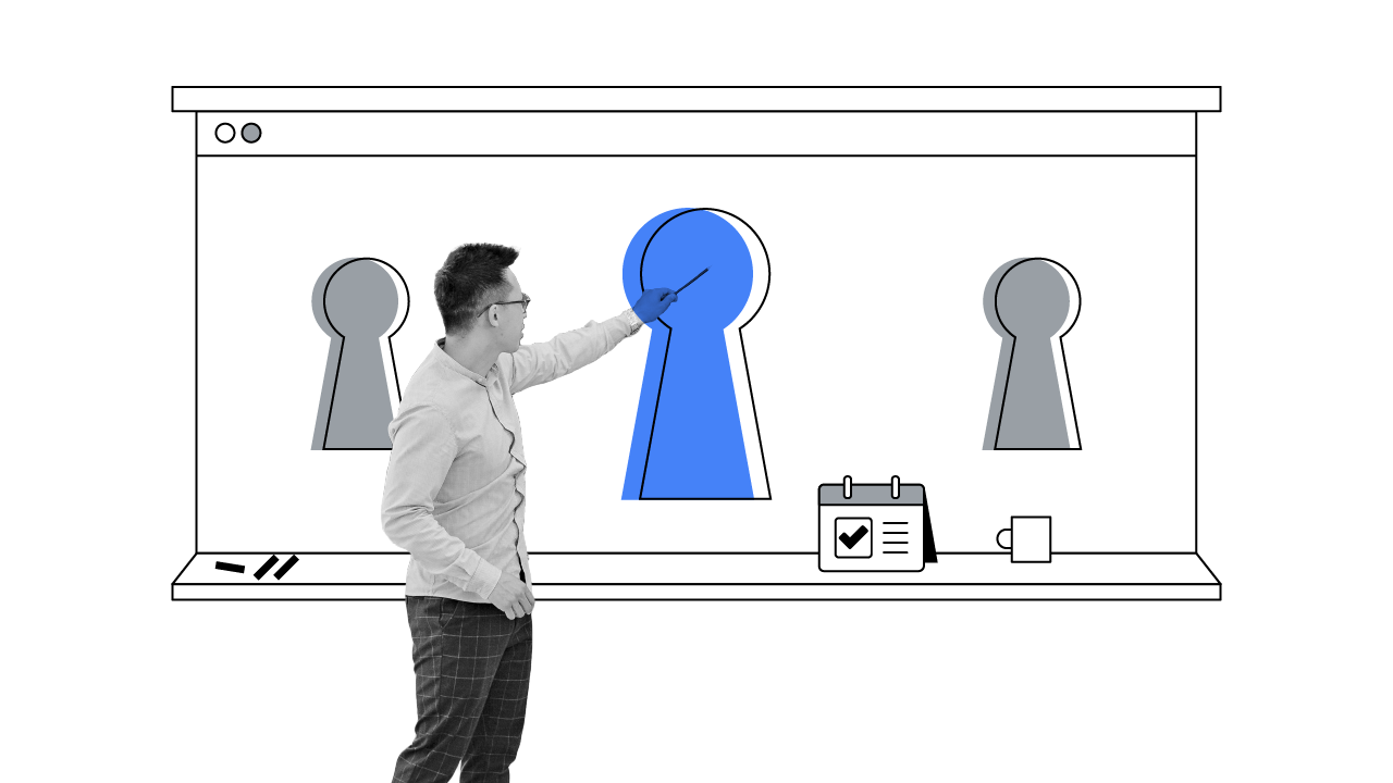 A man with short hair, wearing a light shirt and dark trousers, is standing in front of a large whiteboard showing three keyholes, signifying privacy. The man is pointing at the middle keyhole.