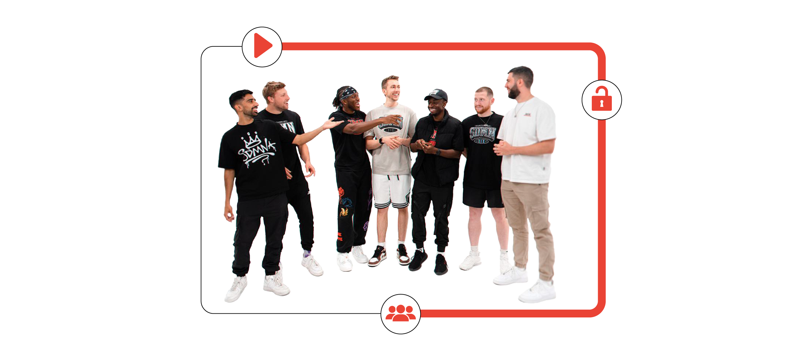 The Sidemen are a YouTube channel collective. The seven members are standing together on a white background, laughing and pointing casually. Around them is a border in the style of a YouTube progress bar, with red play, lock, and people icons.