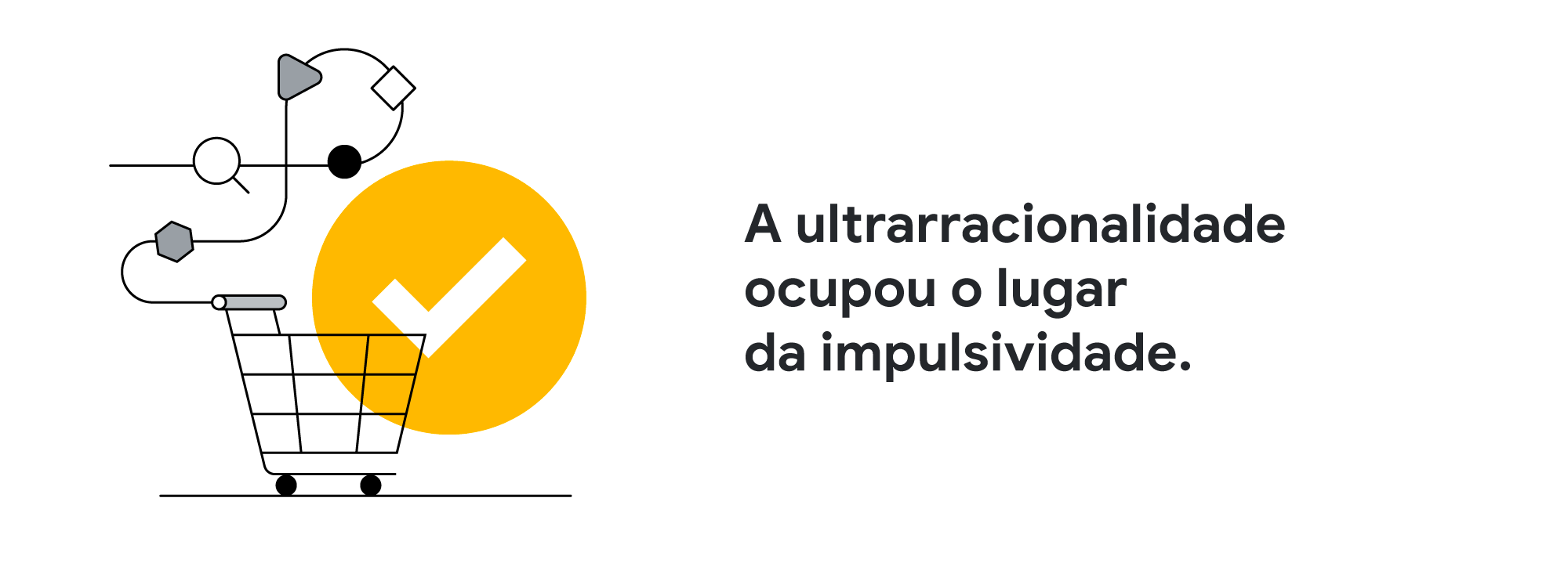 Um carrinho de compras está conectado a uma miscelânea, que em sua ponta traz um ícone de busca. Há um "check" sobre ele. A ultrarracionalidade ocupou o lugar da impulsividade.