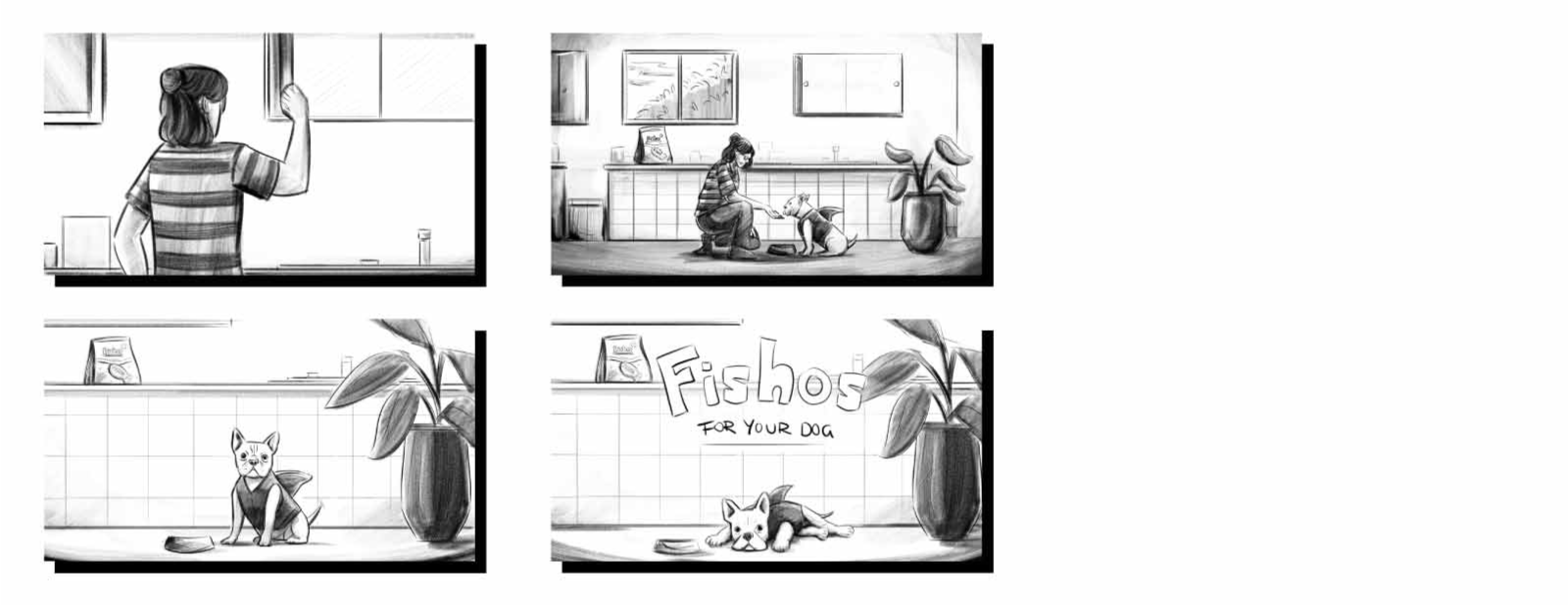 Recorte de storyboard em quatro quadros. No primeiro, uma mulher abre um armário. No segundo, ela está abaixada e oferece comida para um cachorro. No terceiro, o cachorro olha para a frente. No quarto, o cachorro está deitado sob o logo escrito Fishos.