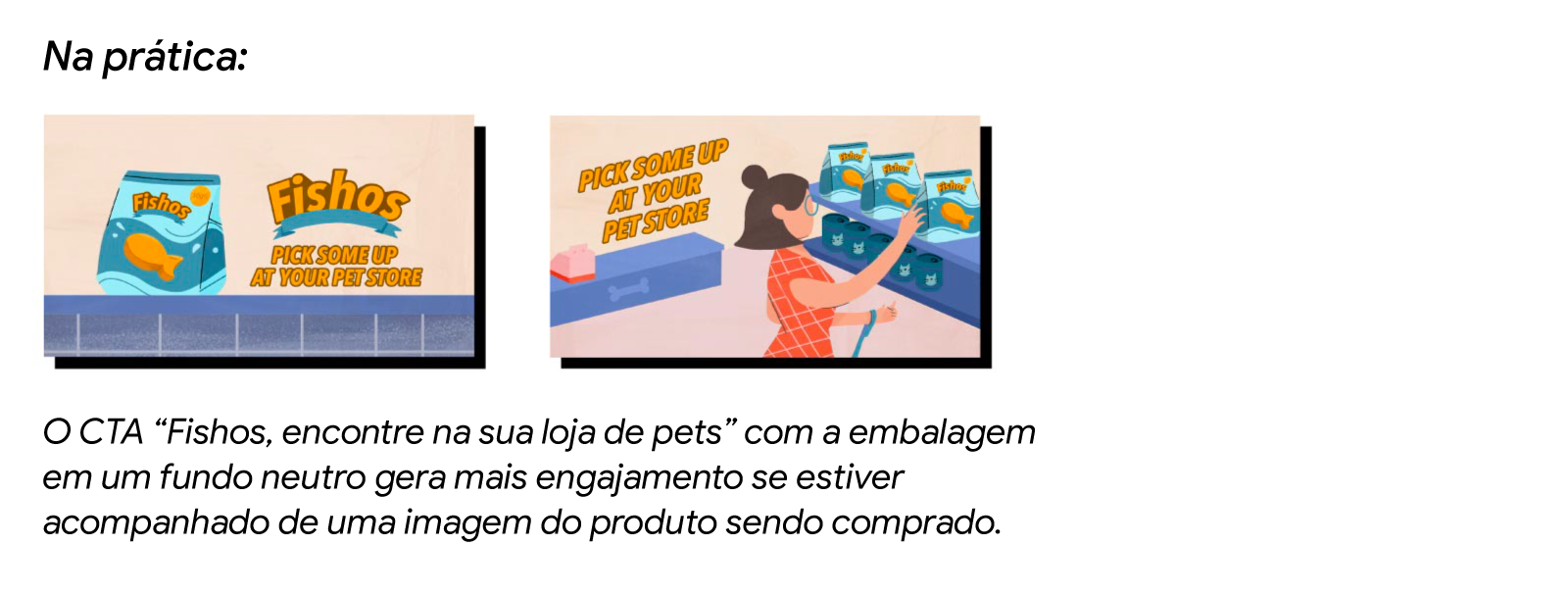 Na esquerda, uma embalagem de Fishos e o logo da marca com a mensagem: encontre na sua loja de pets. Na direita, a mesma mensagem acompanha o desenho de uma mulher escolhendo entre três embalagens de Fishos numa prateleira.