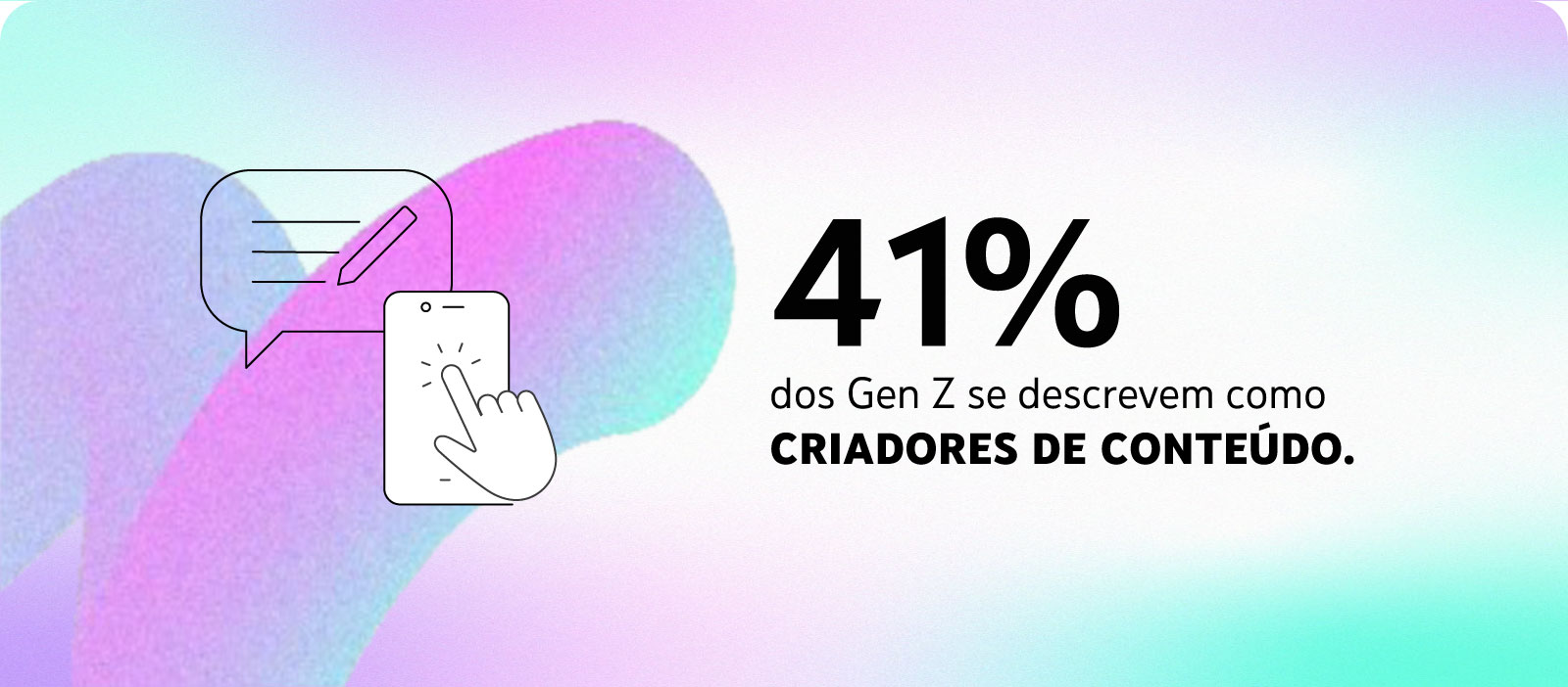 Sobre um fundo furta cor, um balão de mensagem e um celular. 41% dos Gen Z se descrevem como criadores de conteúdo.