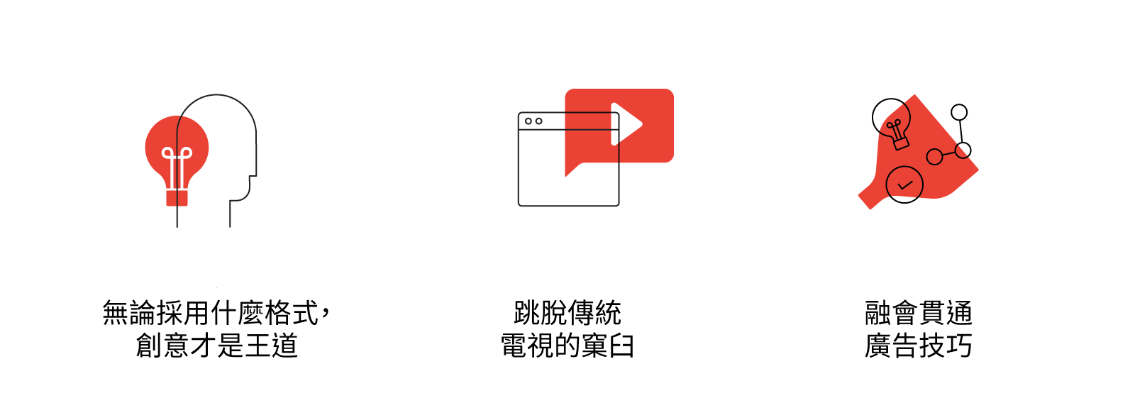 提升內容行銷成效的三大要訣:1.無論採用什麼格式,創意才是王道 2. 跳脫傳統電視的窠臼 3. 融會貫通廣告技巧