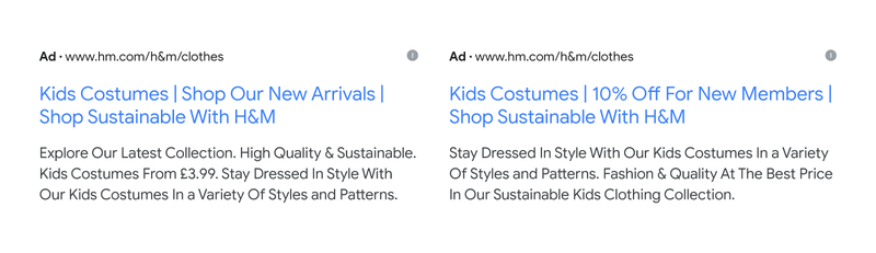 Gegenüberstellung von zwei Google-Suchanzeigen für Kinder-Faschingskostüme. Eine richtet sich an Bestandskundinnen und -kunden und hebt das neue Sortiment hervor, die andere wirbt mit zehn Prozent Rabatt für Neumitglieder.